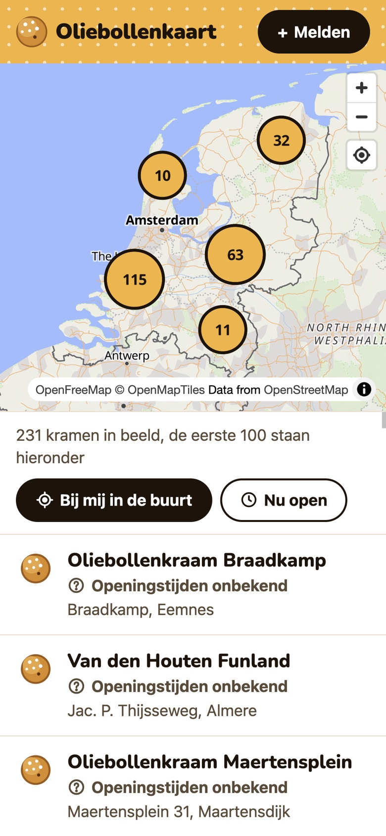 Oliebollenkaart op een telefoon: een kaart van Nederland met het aantal oliebollenkramen per regio.